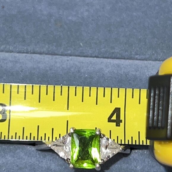 Tourmaline & Crystal Three Stone Ring Emerald Cut Stamped 925 Silver Size 81/2 - Picture 9 of 10